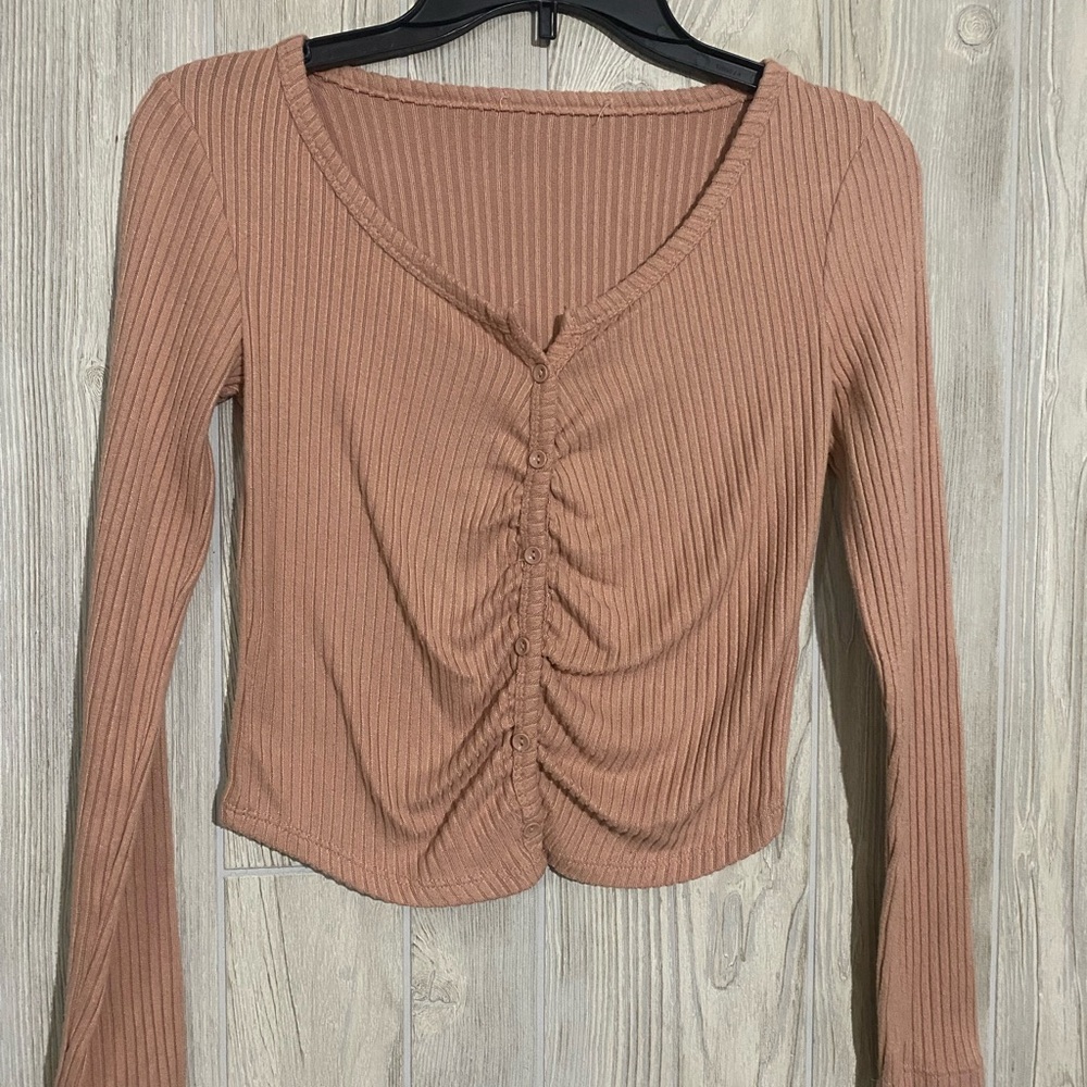 Women's Ribbed Button-Down Top - Brown